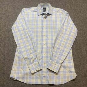 David Donahue Button Up Shirt Mens 15.5 34/35 Blue Green Plaid Trim Fit Dress